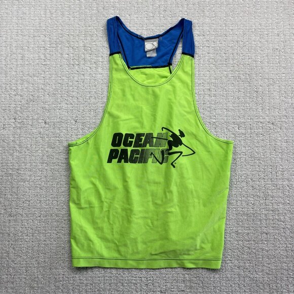 VTG Ocean Pacific OP Running Tech Tank Top Neon Green / Blue Canada Made Read - Picture 1 of 10